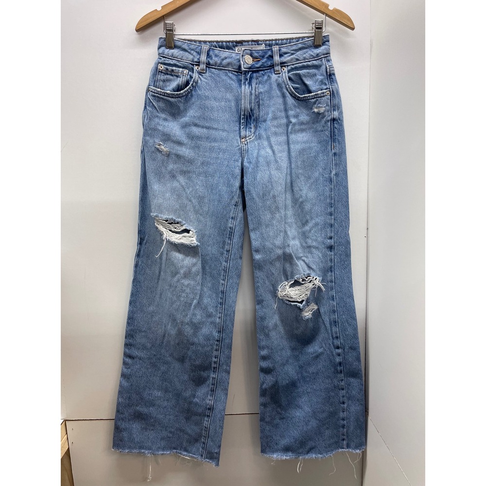 Garage Denim Wide Leg Distressed Jeans Light Wash Raw Hem Size 01 25